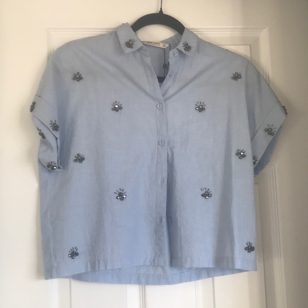 Zara Basic Chambre Crop Top w/ beaded detail